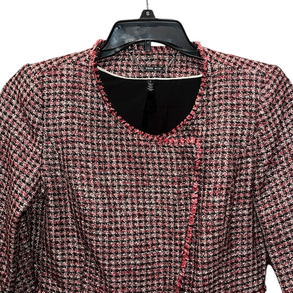White House Black Market Tweed Plaid Tweed Fringe Metallic Jacket Size 4 - Picture 5 of 10